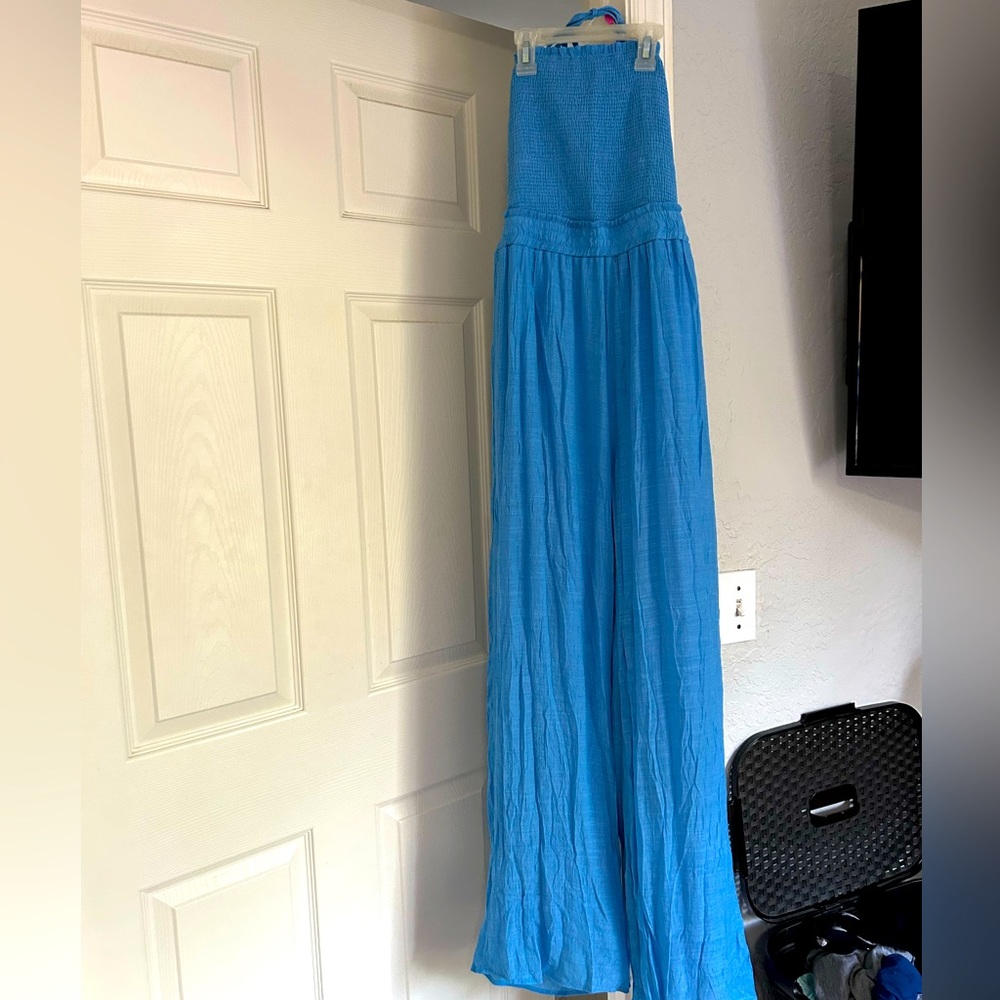 Light blue jumpsuit with strappy back